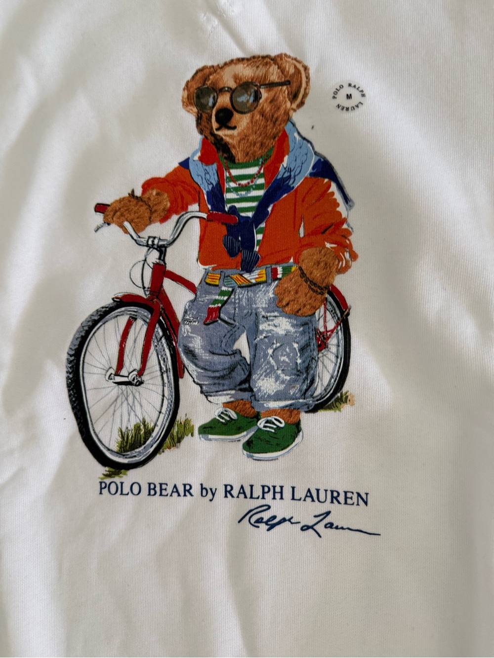New men’s Polo Ralph Lauren Sz M White Crewneck with Polo Bear Bicycle - Picture 3 of 7